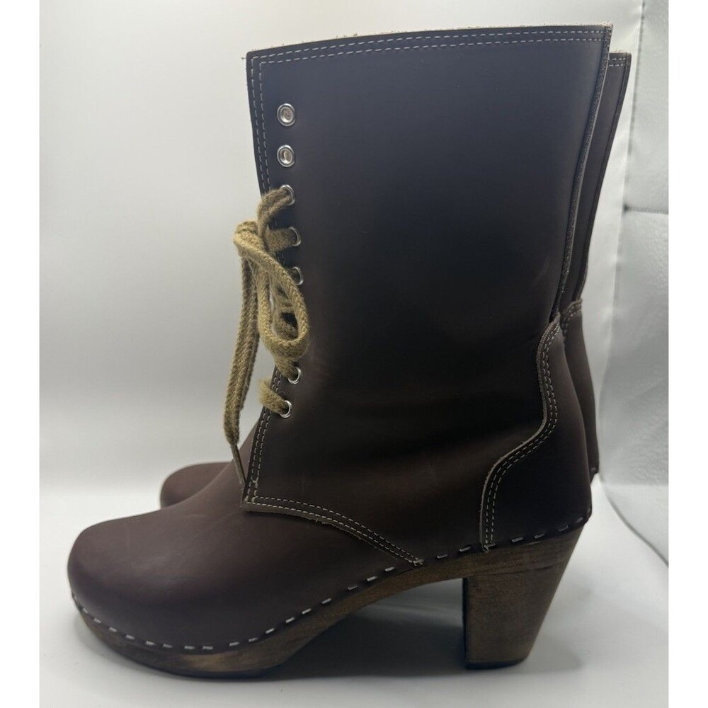 Maguba Sidney clog boots Brown Leather Wood Heel Size 8 Eu 39 Narrow Swedish